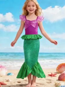 Ariel Little Mermaid Short Sleeve Tulle Dress for Girls Cosplay Princess Costume Carnival Birthday Party Outfit 2-8Y Vestido