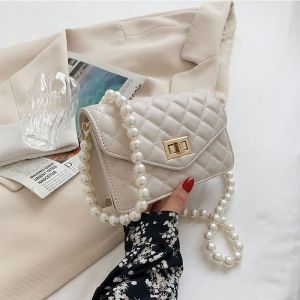 Fashionable Pearl Chain Crossbody Bag Womens Summer 2025 New Style Trendy Small Square Bag Korean Style Lock Buckle Closure