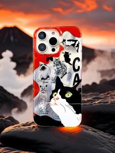 เคสโทรศัพท์มือถือลายแมว Graffiti a Tong Shell แบบสองชั้นป้องกันการตกหล่น ปกป้อง Apple 15 รุ่น Original Small Niche