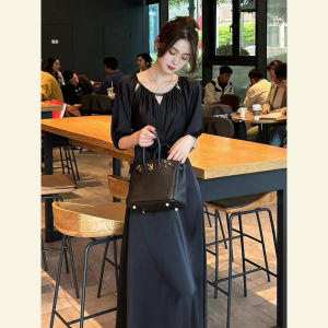 SHANGSHA | Elegant Black Pleated Waist Dress