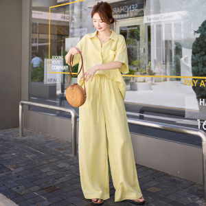 Shalldoer | Loose Casual Set Korean Style Women Summer Pure Color Simple Polo Collar Short Sleeve Shirt Straight Leg Wide Pants Two Piece Set