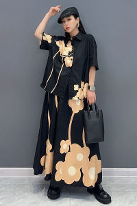 ชุดแฟชั่นพิมพ์ลายแขนสั้นหลวมๆ สำหรับผู้หญิง ชุดกระโปรงยาวครึ่งตัว ชุดสองชิ้น ชุดทำงานฤดูใบไม้ร่วง 2025 ชุดทำงานสไตล์เกาหลี