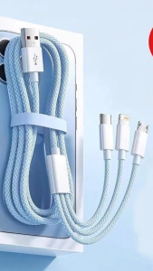 Cáp sạc nhanh 6A dạng bện cáp dữ liệu sạc nhanh 3 trong 1 USB-A sang L+C+M dài 12 mét. Tương thích với Android và iOS