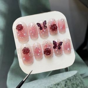 Handmade Nail Art Wine Drunk Butterfly Camellia Wearable False Nails Ice Transparent Sparkling Fake Nails New Fairy Style