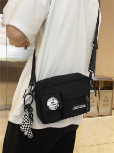 Casual Nylon Crossbody Bag for Men Mini Geometric Pattern Shoulder Satchel with Zipper Closure and Internal Patch Pocket