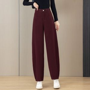 Ankela Red Harlan Womens Fleece Lined Slim Fit Loose Casual Jeans High Waist Wide Leg Cotton Stretch Denim Fall Winter New Arrival