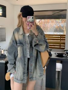 Rustic Washed Denim Jacket Womens Mid-Length Gradient Color Workwear Jacket American Style Vintage Yellow Earth Tint Cotton Blend