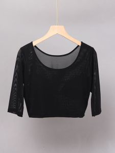 เสื้อตัวในผ้าตาข่ายสำหรับฤดูร้อน24นิ้วสำหรับผู้หญิงเสื้อยืดผ้าโปร่งคอกลมชายลูกไม้เย็บติดกันขอบลูกไม้แขนเจ็ดส่วน