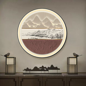 New Chinese Style Entrance Lighting Decorative Painting Mountain Water round LED Light Artwork Living Room Sofa Background Wall Hanging Picture