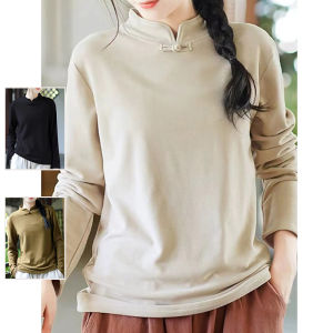 Áo Thun Nữ Dài Tay Cổ Đứng Màu Trơn Cotton Polyester Phong Cách Mới Trung Quốc Áo Sơ Mi Lót Bên Trong Thường Ngày Mùa Thu
