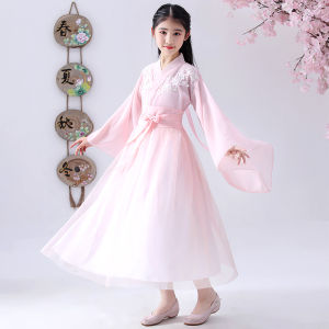 Girls Summer Hanfu Fairy Dress Childrens Traditional Chinese Clothing Cotton Blend Fabric Floral Pattern A-Line Skirt Dress