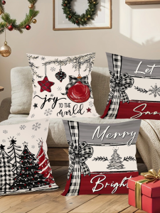 【New】4PCS Vintage Luxury Christmas Cushion Cover Set 45×45cm - Elegant Red Gold Santa Reindeer Snowman & Christmas Tree Pillow Covers with Hidden Zipper for Sofa Couch Home Winter Holiday Decor Xmas Decorations