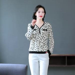 AMMIN 2024 Autumn New French Style V-neck Fashion Floral Print Western Style High-Grade Chiffon Shirt Womens Korean Style Long Sleeve Elegant Blouse
