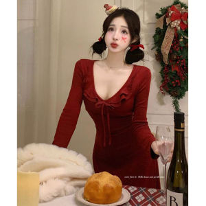 Red Long Sleeve V-Neck Womens Dress with Lace Trim Korean Style Commute High Waist Bumper Skirt Butterfly Knot Autumn Winter
