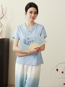 Mulberry Silk T-shirt Chinese Style Womens Clothing Summer Buckle Retro V-neck Bottoming Shirt Innerwear Short Sleeve Tops Meditation Clothing Tea Clothes