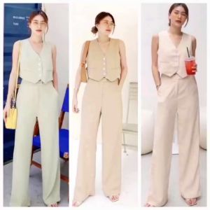 Sherry Casual Plain Color Vest Top & Highwaist Pants Set: Trending Fashion Co-ordinates