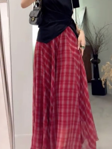 MANMI | Lightweight Summer Fashion Red Checkered Irregular Hem Skirt