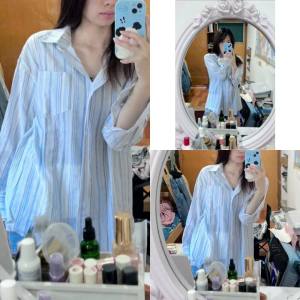 Casual Striped Sweetheart Collar Blue Shirt Jacket for Women Loose Fit Summer UV Protection Long Sleeve Leisure Shirt