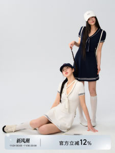 La Lune Du Ciel Navy Knitted V-neck Short Dress Womens Casual Style Spring Fashion A-line Mini Dress Comfortable Fit Dress