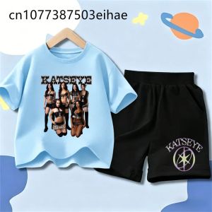 Bandai | Childrens Clothing Summer Outfit Katseye Girl Group Printed Round Neck Short Sleeve Tshirt Fashion Casual Matching Shorts Set