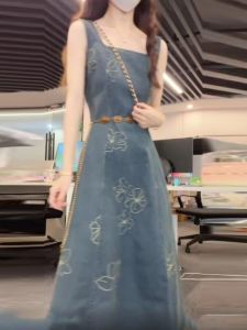 CHANGTONG | Unique Vintage Hong Kong Style Denim Dress Slimming Waistline Sleeveless Vest Long Skirt Sweet And Spicy Embroidery Shoulder Bared