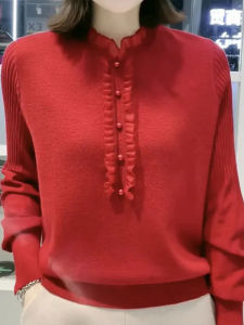 Fashionable Long Sleeve Knitted Mom Shirt Womens Loose Fit Belly Covering Versatile Age-Reversing Base Layer Top Spring 2024