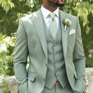 Mens Suit Matcha Green 3 Pieces Jacket Vest Pant Breasted Peak Lapel Blazer Slim Fit Formal Gentleman Tuxedo