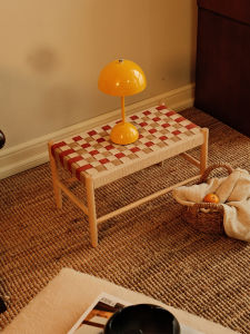 Real Wood Woven Rope Shoe Bench Home Entrance Slipper Bench Long Rectangular Stool Middle Age Minimalist Style Chessboard Pattern