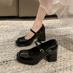 Mary Jane Chunky Heel Womens Shoes Autumn New Style Square Head Retro Single Shoes Korean Style One-Row Buckle Daily Wear