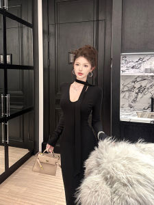 Black Sash V-Neck Long Sleeve Dress Womens Autumn Winter Slim Fit Waist Cinched Skirt Pure Desire Bodycon Long Dress