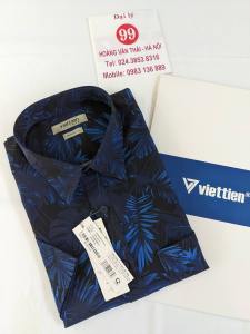 [Việt Tiến Sale] Sơ Mi Ngắn Tay - Regular (Suông) - Vạt Vuông - Họa tiết rừng nhiệt đới màu xanh navy trên nền đen