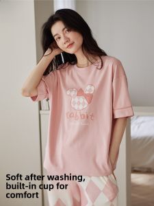 Miiow | Pure Cotton Cat Person Womens Sleepwear Short Sleeve One-Piece Home Leisure Suit With Chest Pad Seven-Five Pants Set