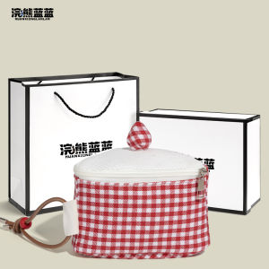 Portable Triangular Cake Design Makeup Bag Cute Plaid Handheld Camera Bag Bear Blue Blue Korean Style Storage Bag for Everyone