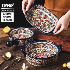 OMK Polish Series Hand-painted Ceramic Rectangular Baking Pan Round Baking Pan with Two Ears Baking Trays & Pans
