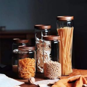 450/750/1000/1500ML Glass Food Storage Canisters BPA-Free Kitchen Jars with Airtight Bamboo Lids for Pasta Coffee Beans&Candies