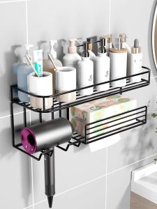 Bathroom Organizer Iron Storage Shelf Toilet Paper Holder Blow Dryer Rack No Drilling Wall Mounted Hairdryer Stand