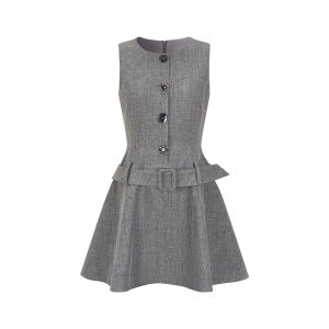 oshea | Đầm A-Line Ngắn Tay Dài Phong Cách Quý Tộc Vintage Màu Xám cho Phụ Nữ Nhỏ Gọn