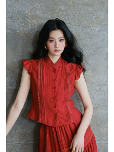 Light Chinese Style Modified Vintage Red Short Top and Long Skirt Set