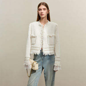 AMII | Tweed Short Jacket with Fringe Trim Flared Cuffs Womens