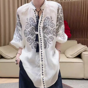 SHUAIYUE | Áo Blouse Rộng Thêu Dân Tộc Phong Cách Cổ Điển Pháp