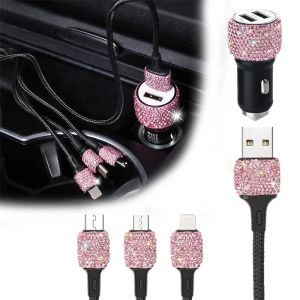 USB Car Charger Pink Crystal Diamond 5V 2.1A Dual Port Fast Charging Adapter 3 in 1 Cable for IPhone Samsung Huawei Amagi