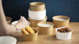 Disposable Kraft Brown Paper Bowls with Paper Lid/ Containers Box with KRAFT Lid /Soup Porridge Take-away Food Container