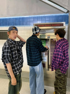 Faxims Store Black and White Gingham Shirt Mens Long Sleeves Cityboy Fancy Handsome Shirt American Outwear