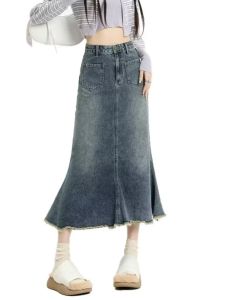 Retro Denim Mid-Length A-Line Fish Tail Skirt Womens Spring Autumn Winter High Waist Slimming Body Shape Cotton Skirts