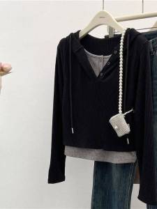 Womens Long Sleeve T-Shirt Hoodie Short Style V-Neck Spring Autumn Winter New Style Irregular Color Block Base Top