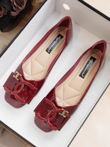 Red Wine Color Painted Leather Flat Bottom Single Shoes Women Spring Square Head Soft Bottom Bean Bean Shoes plus Size Comfortable Shoes
