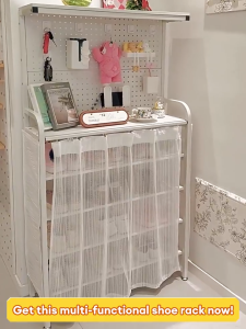 MOD Carbon Steel Shoe Rack with Pegboard Organizer Entryway Storage Cabinet with Hanging Rail and Curtain Space Saving Home Shoe Organizer