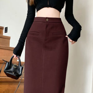 Angora Red Woolen Skirt Womens Mid Length Long Length Fall and Winter High Waist A- line Skirt Silm Front Slit Straight-leg Bodycon Dress