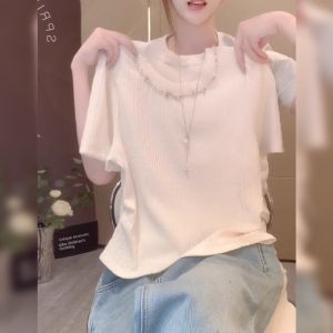 BINKAFENNY | Plus Size Unique Short Sleeve Round Neck T-Shirt Womens Summer Slim Fit Beautiful Age-Defying Korean Style Commute Pure Color