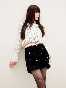 LeFame 2025 Spring Autumn Retro Ruffle Hem Black White Polka Dot Top Womens Original Design Straight Tube Long Sleeve Shirt